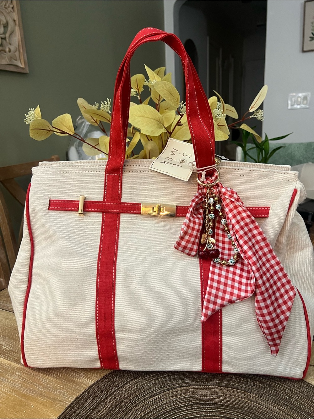 T.J.Maxx Cream Canvas Tote with Red Trim and Handles